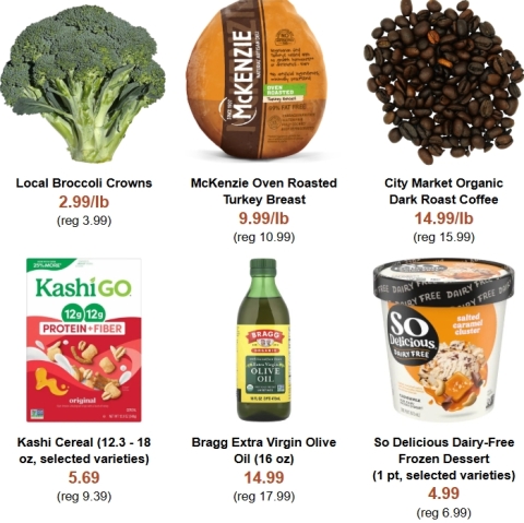 a variety of products on sale with their prices