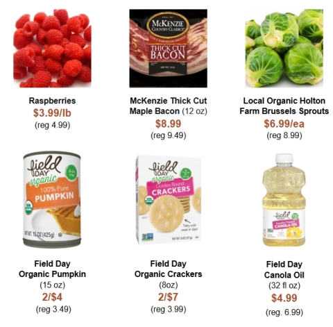 an assortment of grocery products on sale with their prices