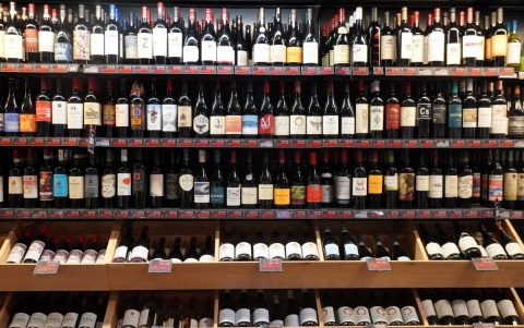wine bottles on a shelf