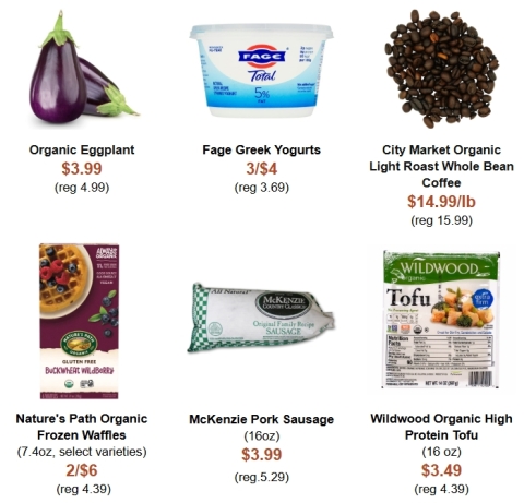 An assortment of groceries on sale and their prices