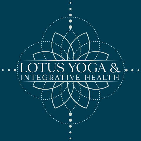White lotus flower design over a dark blue background with the words "Lotus Yoga & Integrative Health" in the center of the flower.