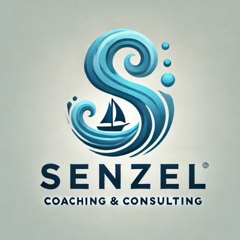A blue "S" that looks like a wave with a sailboat on the bottom curve of the S. Below that in dark blue is "Senzel Coaching & Consulting"
