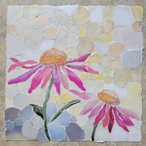 A stained glass style painting with two pink flowers with orange bulbs on a gray, white, and yellow background.