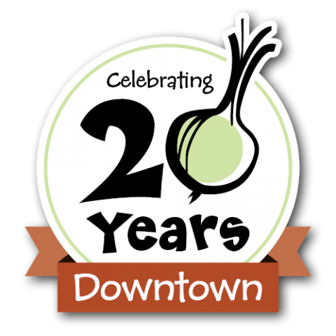 Graphic with the words Celebrating 20 Years Downtown