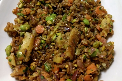 Warm Roasted Parsnips, Garlic, and Ginger Farro Salad with Pistachios