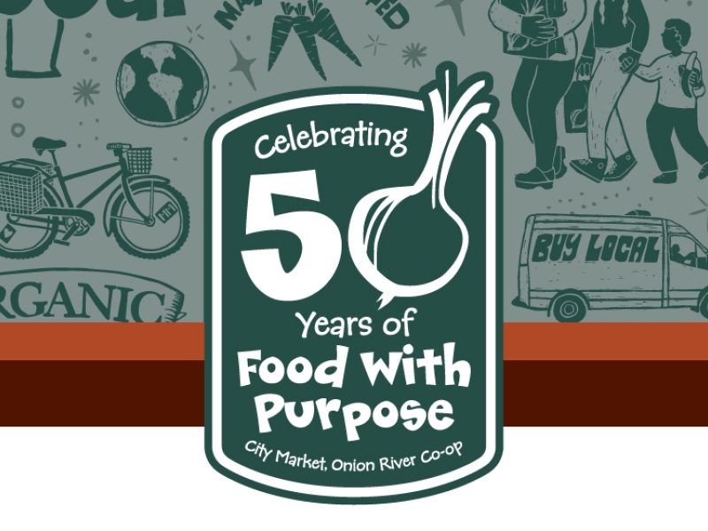 Dark green illustrations adorn a light green background. At the bottom of the drawings there are two thin monochrome bars of rust red and brown. On top of the drawing there is a dark green rectangle with a rounded top and bottom. The words "Celebrating 50 Years of Food with Purpose" are printed in white inside the rectangle. The "0" in the 50 consists of an onion.