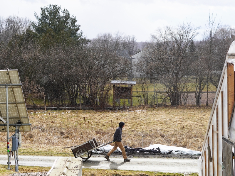 A person pulls a cart along a walking path through a farm. He passes solar panels and a greenhouse. A light snow dusts the field and fills the air.