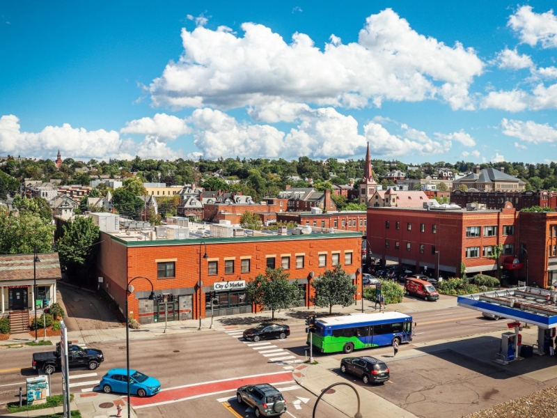 Summer aerial view of City Market's downtown store on a sunny day