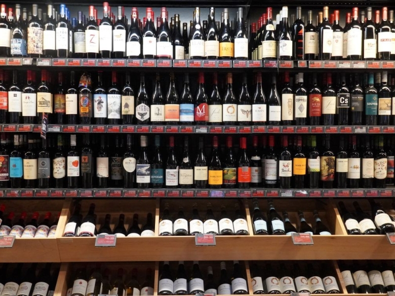 wine bottles on a shelf