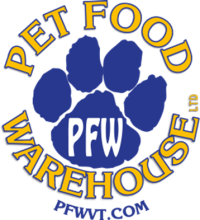 A blue paw with the letters "PFW" on the paw. Encircling this are the words "Pet Food Warehouse" in yellow. At the bottom is the website link in blue.