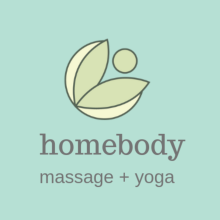 Blue square background with an abstract blooming flower above the business name: Homebody Massage and Yoga
