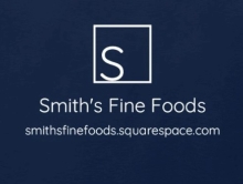 A white square with a white letter S in the bottom left corner of the square. Below that is "Smith's Fine Foods" and the URL for their website in white. This is all on a navy blue background.